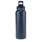 A dark blue reusable water bottle with a handle on the lid, standing upright.