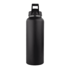 Black stainless steel water bottle with a handle on the lid, shown on a white background.