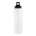 White reusable water bottle with a black lid, shown against a plain white background.