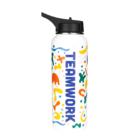 White water bottle with TEAMWORK text and colorful abstract patterns on the sides.