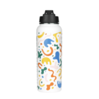 White water bottle with colorful abstract shapes and a black lid.