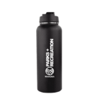 Black water bottle with PARKS + RECREATION and MAHONA logo printed vertically in white.