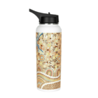 Reusable water bottle with an Aboriginal-inspired dot painting design and black lid.