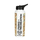 White water bottle with PARKS + RECREATION text and decorative patterns on the sides.