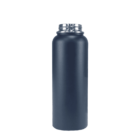A black stainless steel water bottle with an open silver cap, on a white background.
