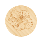 Round wooden coaster with an engraved hibiscus flower design on its surface.