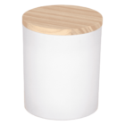 White cylindrical container with a light wooden lid, viewed against a plain background.
