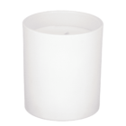 White candle in a plain, cylindrical white glass container against a white background.