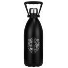 Black metal water bottle with Vanlife and a graphic of a van, trees, and mountains.