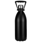 Black metal water bottle with a handle and a silver screw cap, shown on a white background.