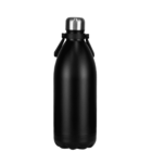 Black reusable water bottle with silver cap, standing upright on a white background.