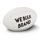 A white rugby ball displaying the text WE BULK BRAND in bold black letters, positioned centrally against a white background.