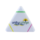 A Triangle Customized Highlighter features the Unity College logo in blue and green, with a sun, cross, and waves design. Green, yellow, and pink highlighter-like stripes adorn its edges for added vibrancy.