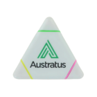 The Triangle Customised Highlighters feature a triangular form with rounded edges, displaying the text Austratus and an abstract green logo, accentuated by subtle green, yellow, and pink lines at each corner, reminiscent of vibrant highlighters.