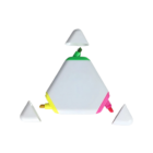 Introducing Triangle Customised Highlighters with a sleek white body and three vibrant colors: yellow, pink, and green. Each cap snaps on to reveal its color, perfect for a personalized workspace touch.
