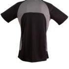 Black and gray short-sleeve athletic shirt, back view.