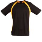 Black t-shirt with yellow side panels and short sleeves.