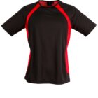 Black and red short-sleeve athletic shirt with a crew neck.