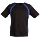 Black and blue short-sleeve athletic shirt on a white background.