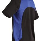 A black and blue short-sleeve sports shirt with mesh fabric detailing.