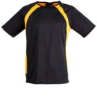 Black and orange short-sleeve athletic shirt on a white background.
