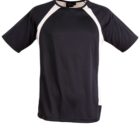 Black and white raglan short-sleeve T-shirt on a white background.