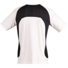 Back view of a white and black athletic T-shirt with short sleeves.