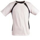 White and black short-sleeve athletic shirt on a plain background.