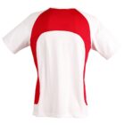 Red and white short-sleeve athletic shirt viewed from the back.