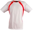 White t-shirt with red accents along the sides and sleeves, on a plain background.