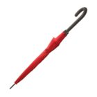 Closed red umbrella with a curved black handle on a white background.