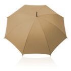 Tan umbrella fully opened, viewed from above against a white background.