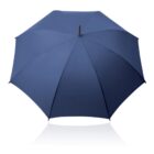 Blue umbrella opened against a white background, viewed from above.