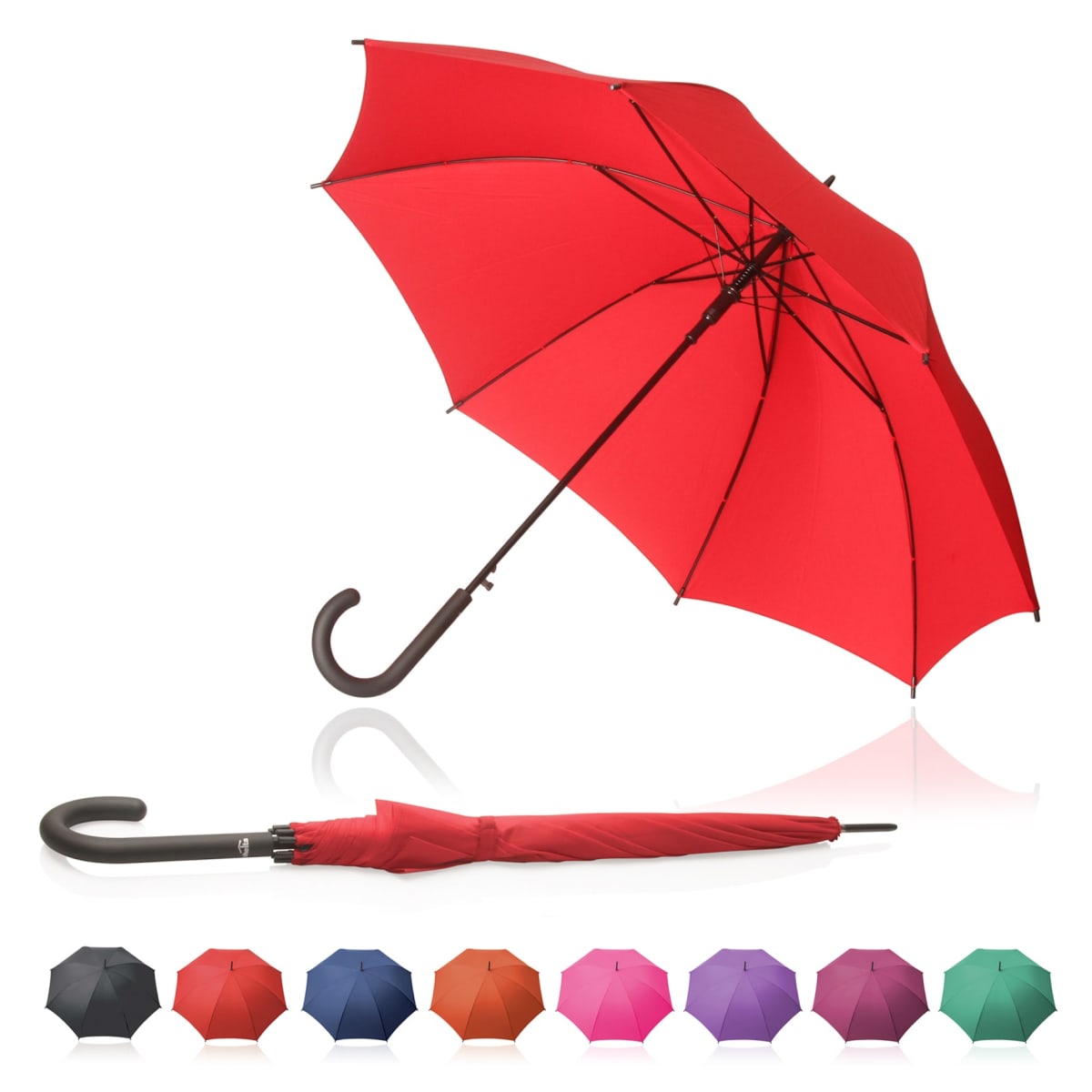 Red umbrella open and closed, with eight closed umbrellas in various colors below.