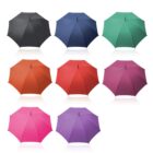 Eight colorful umbrellas arranged in two rows, each a different solid color, viewed from above.