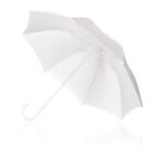 White umbrella with a curved handle, open and angled on a white background.