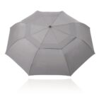 Gray umbrella fully opened, viewed from above against a white background.