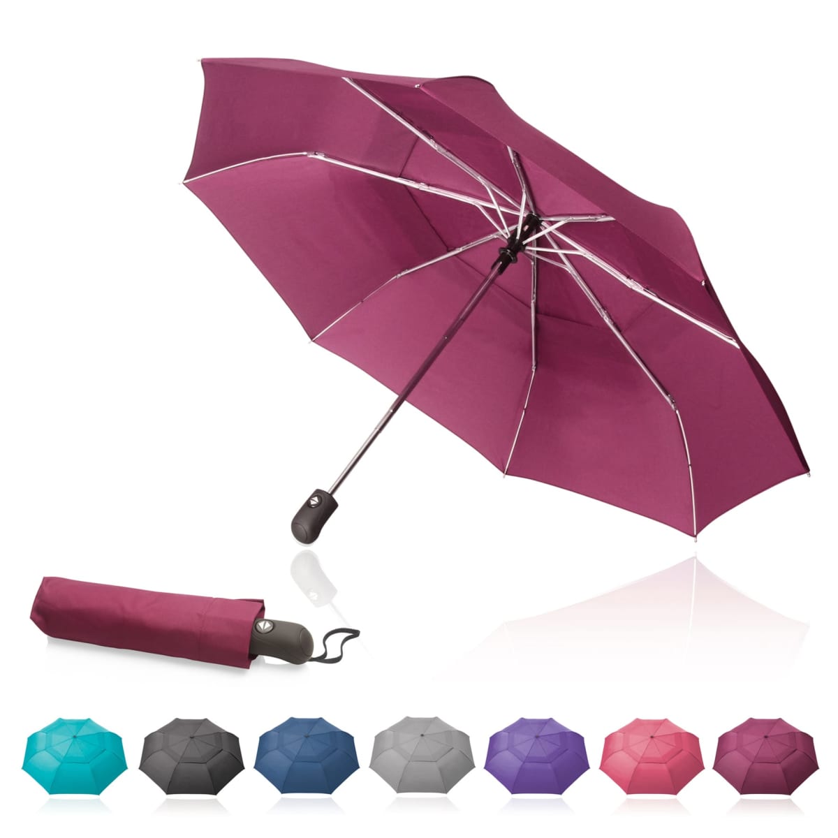 Purple umbrella open with closed matching case; other umbrellas in various colors below.