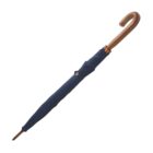 Closed navy blue umbrella with a curved wooden handle, viewed on a white background.