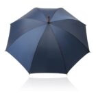 Blue umbrella with a wooden handle, viewed from above on a white background.