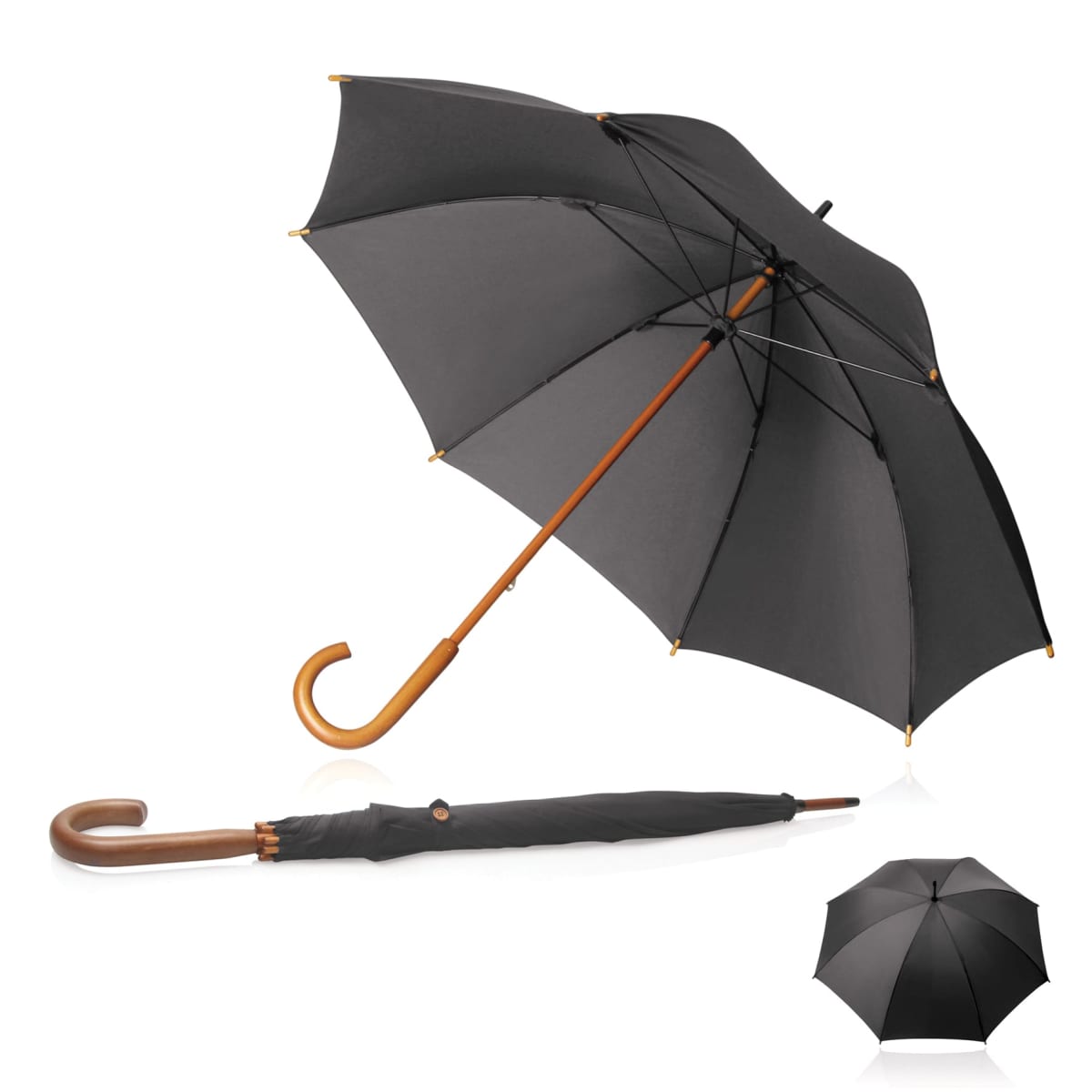 Black umbrella with a wooden curved handle shown open, closed, and as a small icon.