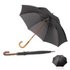 Black umbrella with a wooden curved handle, shown open, closed, and in a small icon.