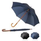 Open blue umbrella with a wooden handle, plus black and blue folded and open versions.