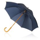 A blue umbrella with a curved wooden handle on a white background.