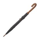 Closed black umbrella with a curved wooden handle against a white background.