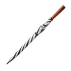 A closed, striped umbrella with alternating navy blue and white patterns. It has a wooden handle and is pictured against a plain white background.