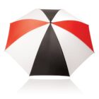 A black, white, and red umbrella seen from above. It has alternating color panels creating a vibrant, geometric pattern. The umbrella is fully open, showcasing its symmetrical design on a white background.