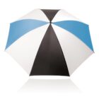 A large umbrella with alternating panels of blue, black, and white, shown fully open against a plain white background. The panels are symmetrical and form a circular pattern.
