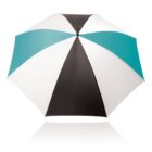 A large umbrella with alternating panels of turquoise, black, and white is shown from above against a white background, casting a faint reflection below.