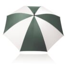 A large, open umbrella with alternating green and white panels, shown against a plain white background. The umbrella is fully extended, displaying its pattern clearly.